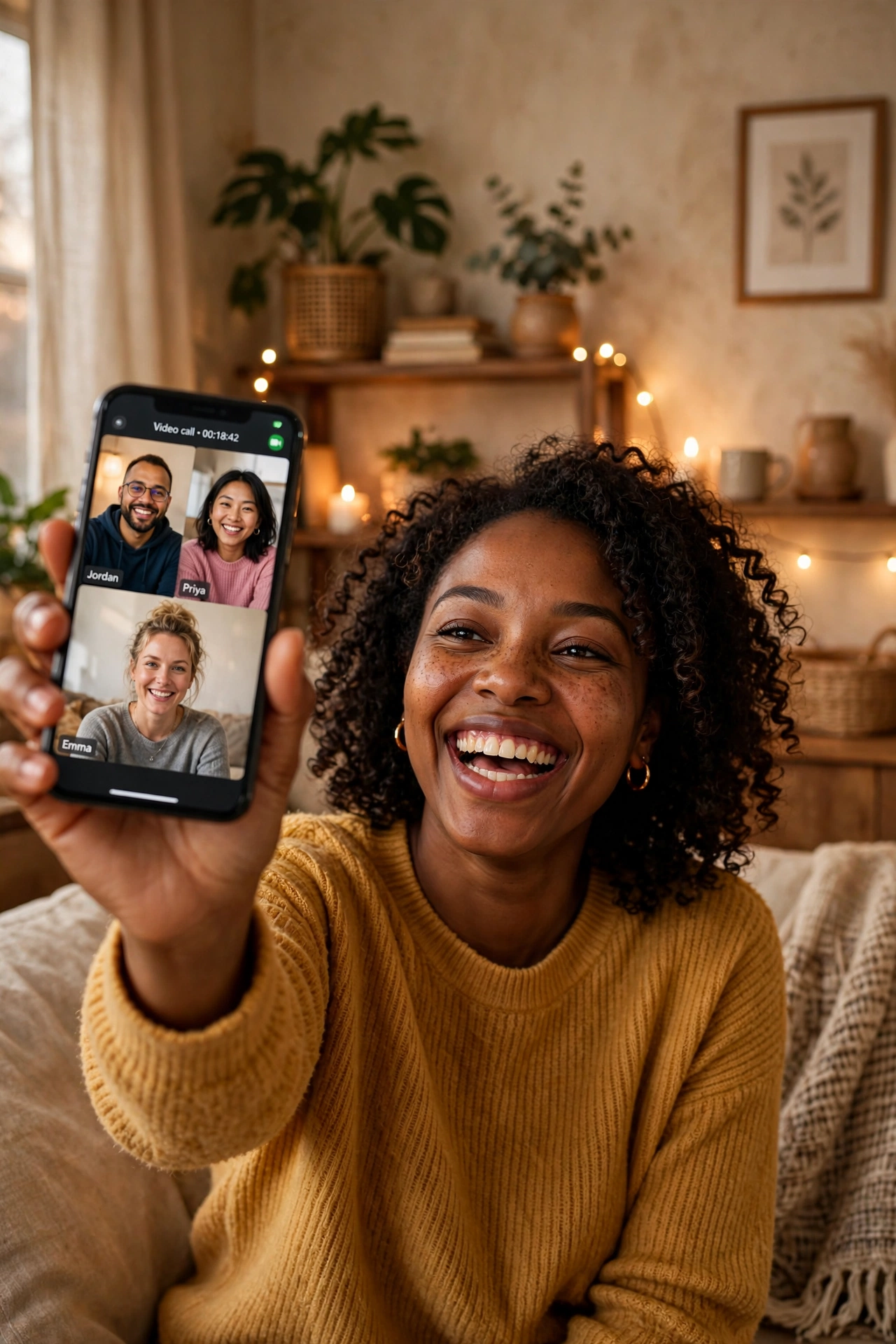 Smiling members connecting on their phones